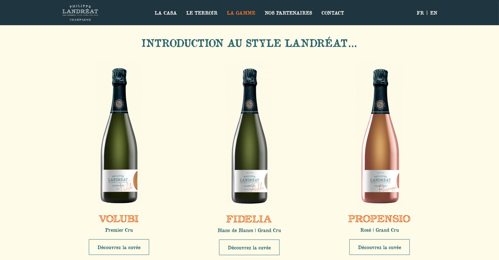 Page du site internet du Champagne Landréat présentant les cuvées