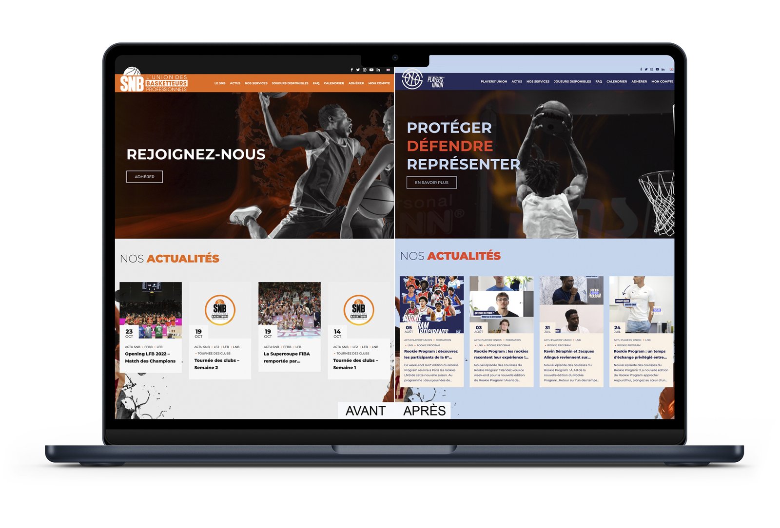 Évolution du site internet du Syndicat National des Basketteurs avant et après sa nouvelle identité visuelle