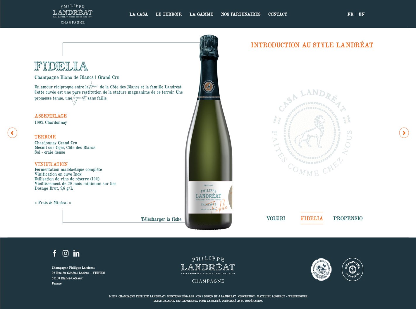 Page du site internet du Champagne Landréat présentant la cuvée Fidelia