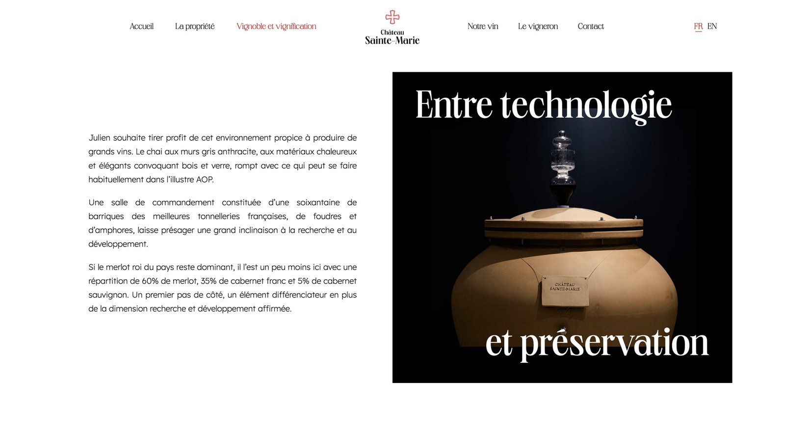 Page du site internet présentant le vignoble du Château Sainte-Marie à Pomerol