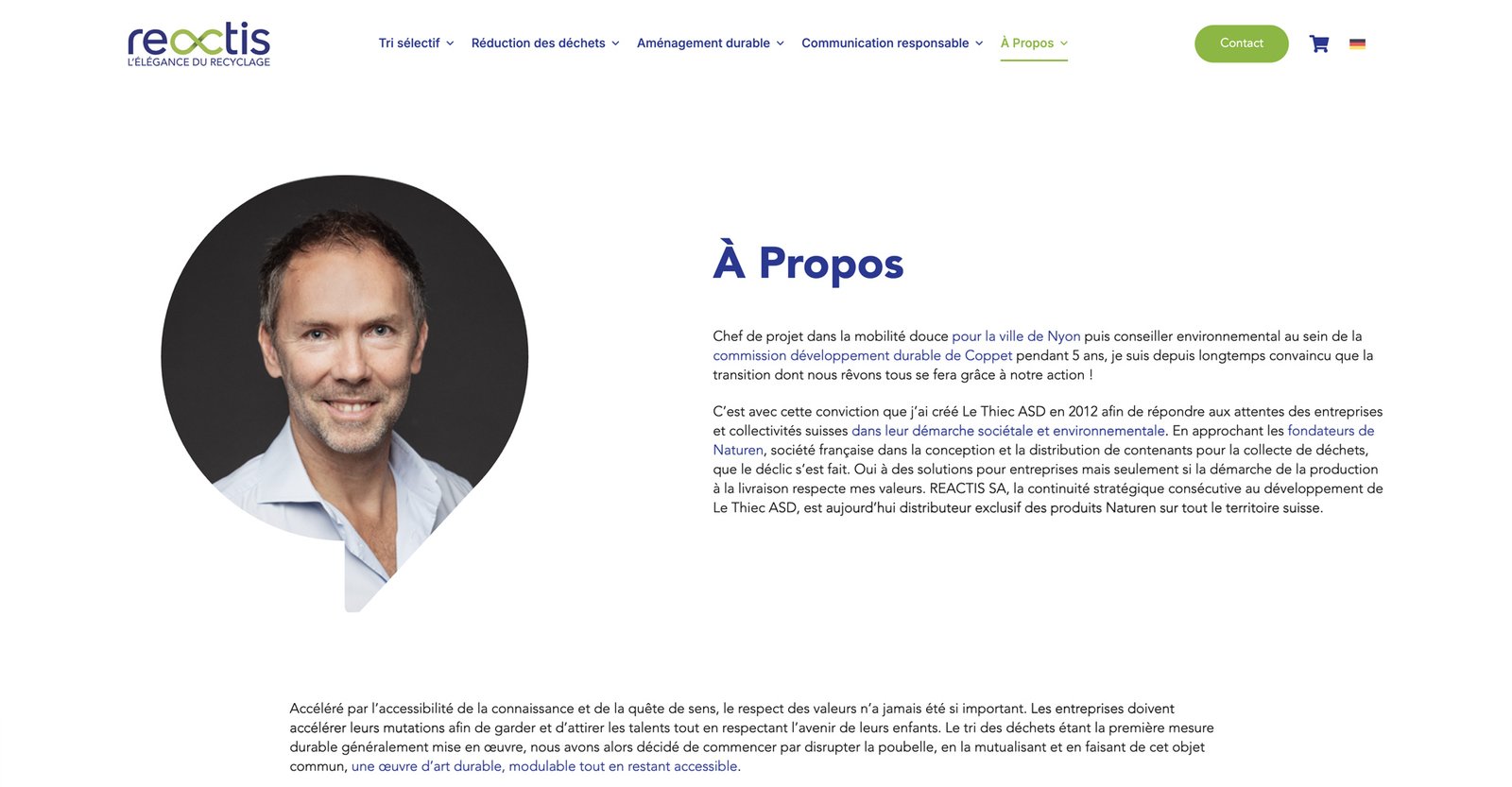 Page intérieure du site internet de Reactis