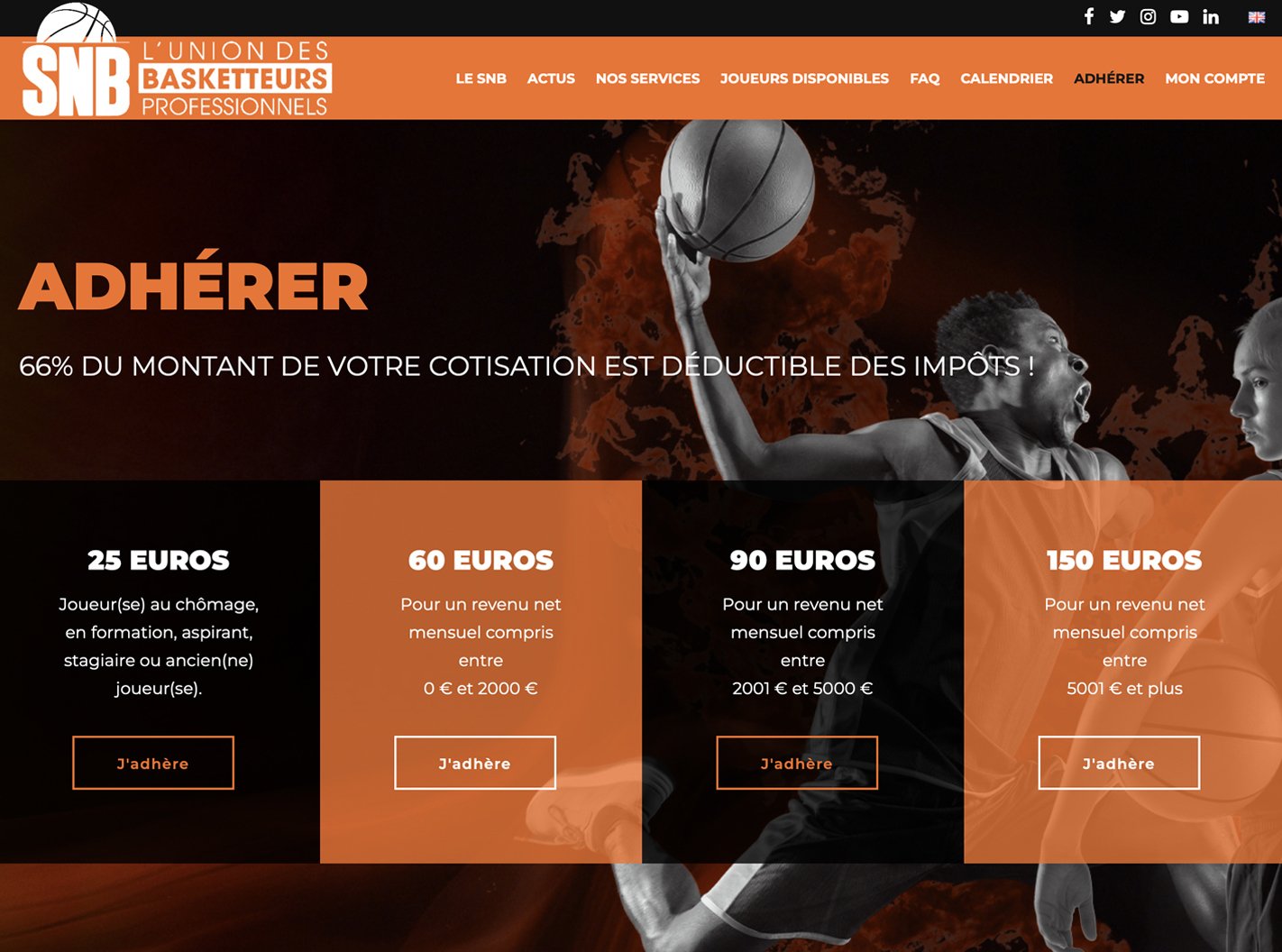 Site du Syndicat National des Basketteurs présentant l'adhésion en ligne