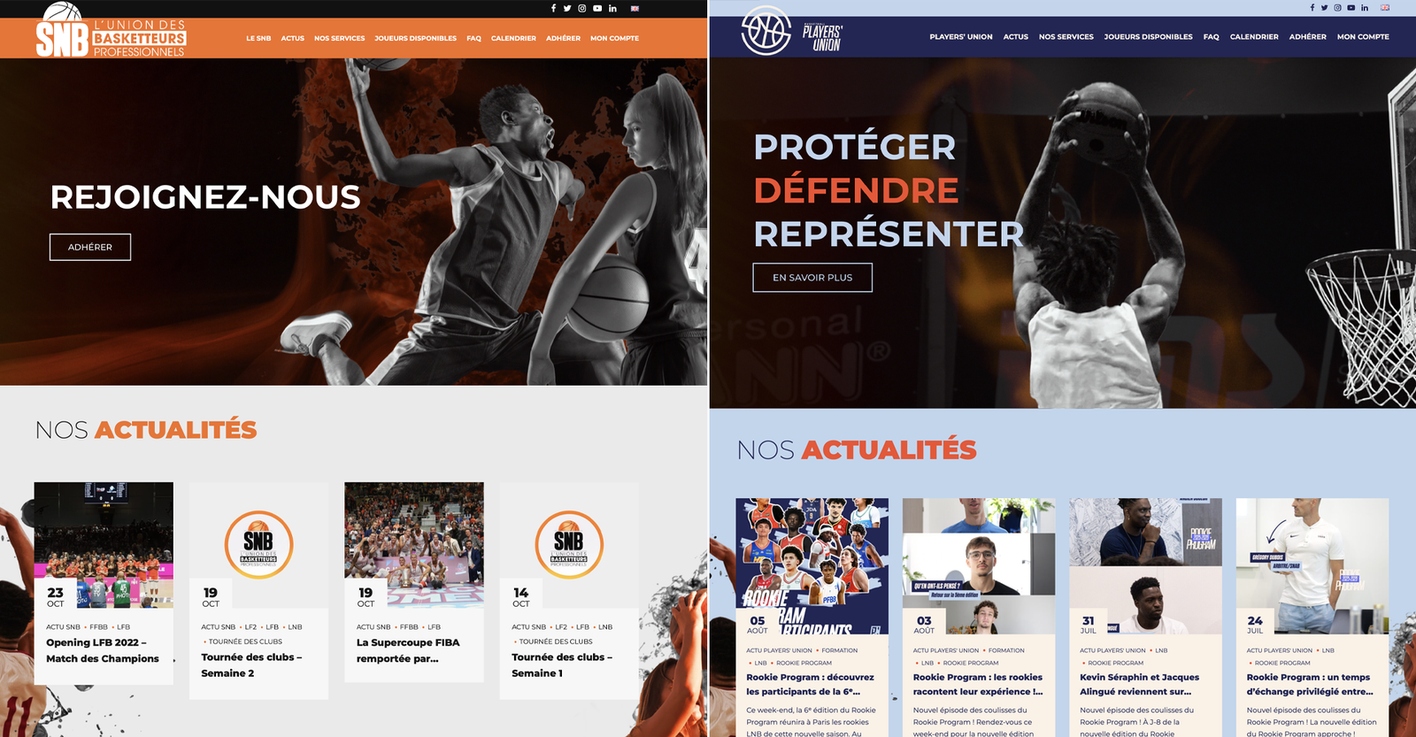 Évolution du site internet du Syndicat National des Basketteurs avant et après sa nouvelle identité visuelle